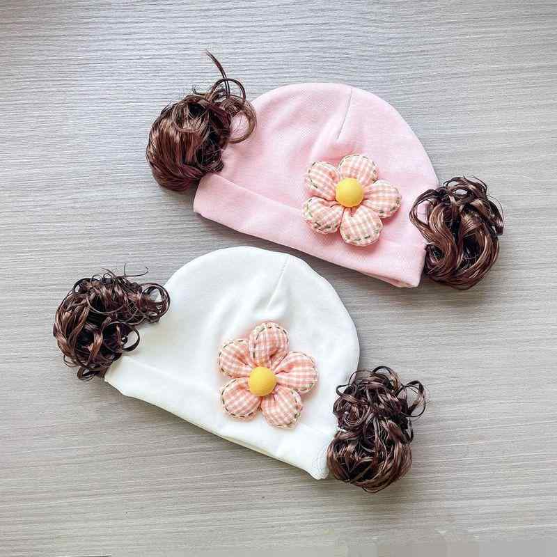 ベビー帽子 女の子 帽子 春秋 花 格子柄 伸縮性 0-12ヶ月 プリンセス さくらんぼ 緑葉 ウィッグ付き ホワイト コットン かわいい 花柄 ピンク系 胎児帽子 ストレッチ