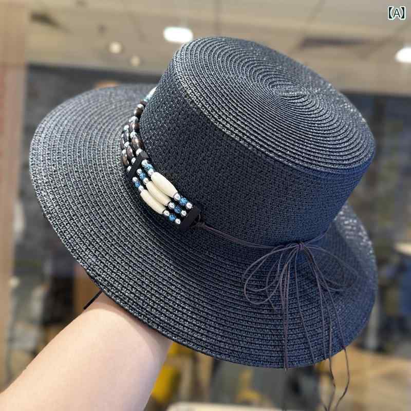 Rakuten - レディース おしゃれ 黒 サンシェード ビーチ 白 麦わら帽子 ハット 旅行 民族的 フラット 日焼け防止 海辺 春夏 赤 屋外 レトロ かわいい 日よけ