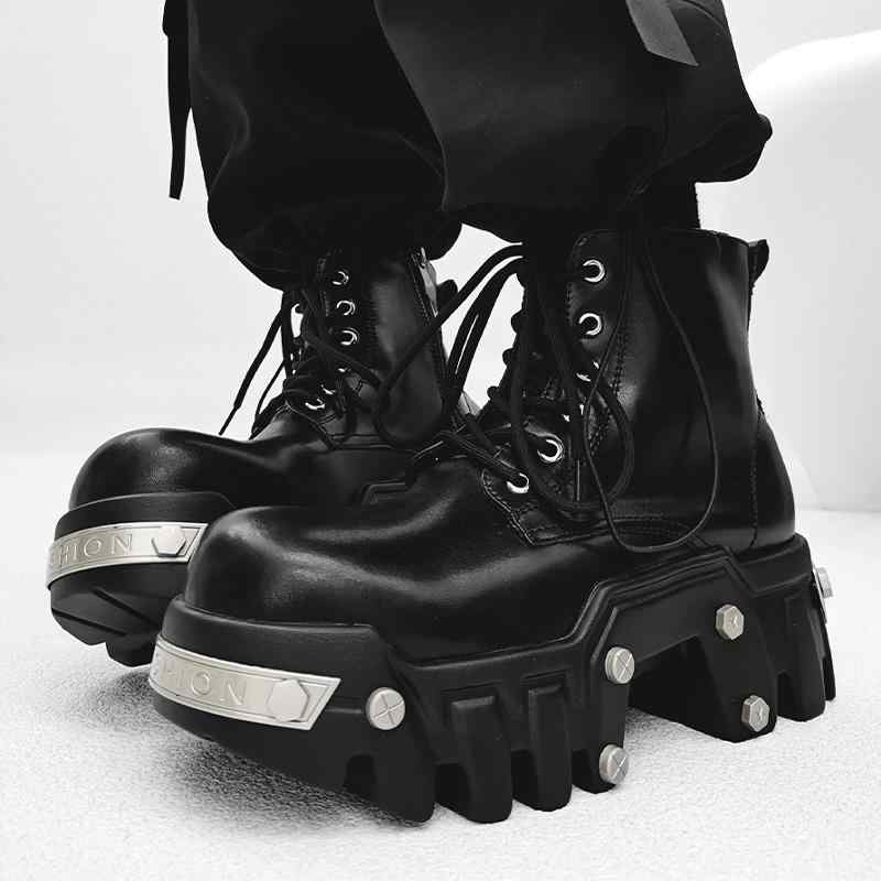 厚底 シューズ 牛革 ブラック バイク ハイヒール メンズ レースアップ パンク