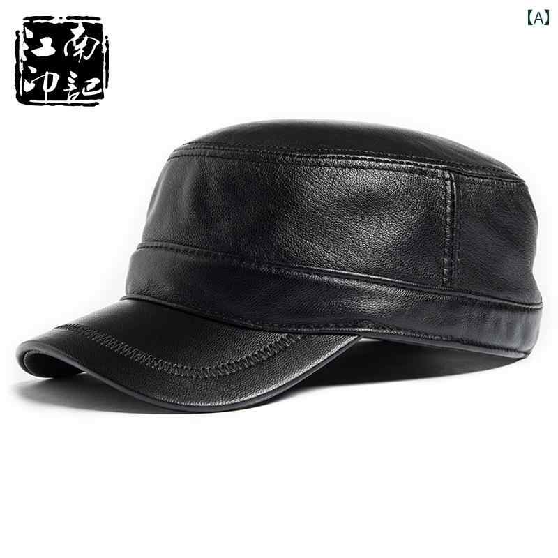 ハット 中高年 春秋冬 ブラック ブラウン 革 フラットトップ 暖かい おじいちゃん 薄手 レザー シープスキン 帽子 メンズ