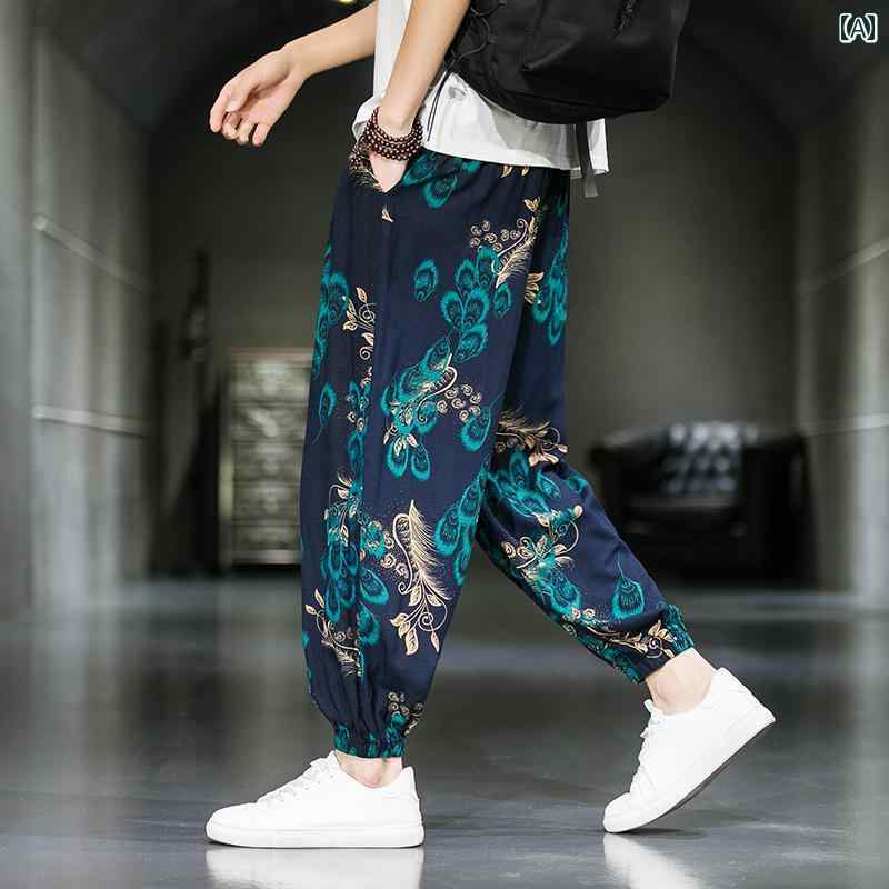アジアン 夏 薄手 カジュアル 通気性 中国風 メンズ 大きいサイズ ペイズリー柄 アイス 黒 ボトムス 紺..
