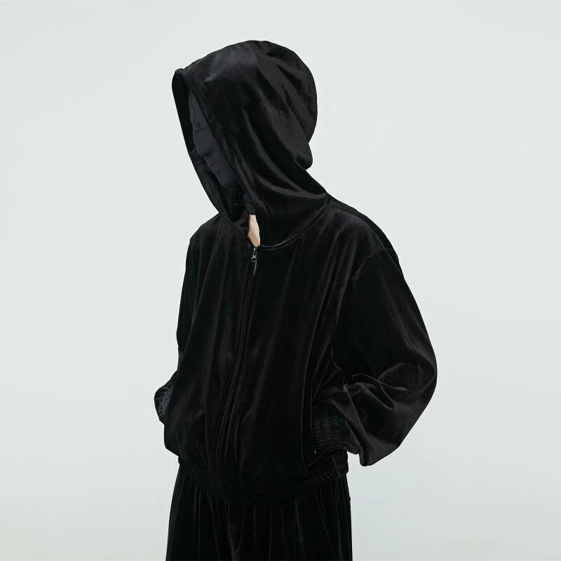 Rakuten - 春秋 フード付き パーカー ベロア メンズ ブラック