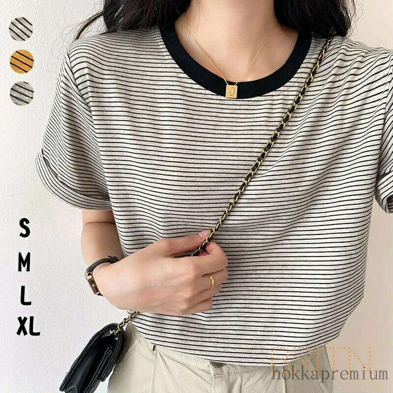 Rakuten - Tシャツ 重ね着 ガーリー シンプル 半袖 カジュアル カットソー レディース レイヤード 細ボーダー 袖折り返し きれいめ