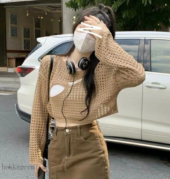 長袖 日焼け止め カットソー Tシャツ シンプル ファッション 無地 透け編み 紫外線防止 着痩せ ショート丈 体型カバー