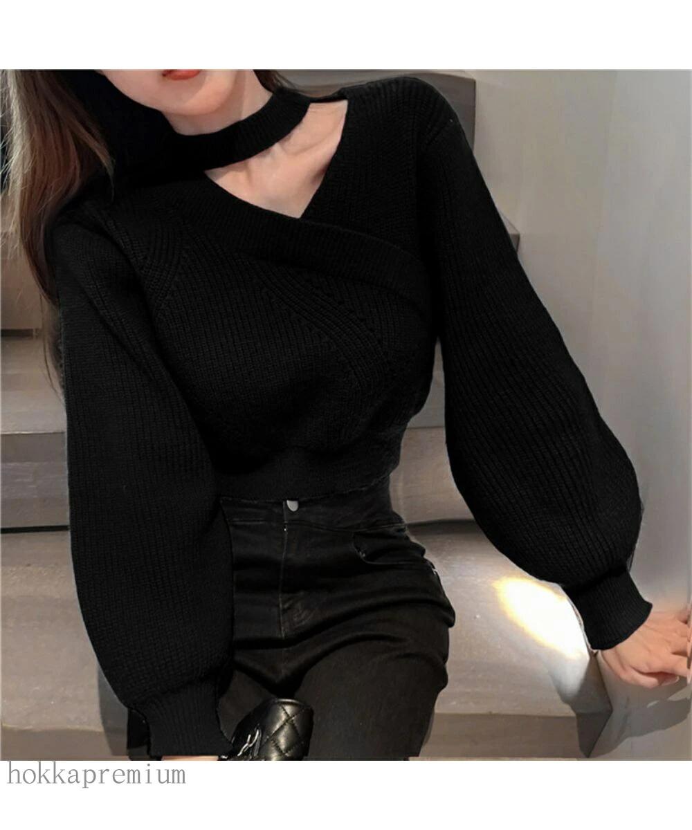 夏 ショート丈 無地 華やかな肌見せニットトップス Vネック ホルターネック オフショルダー パフスリーブ