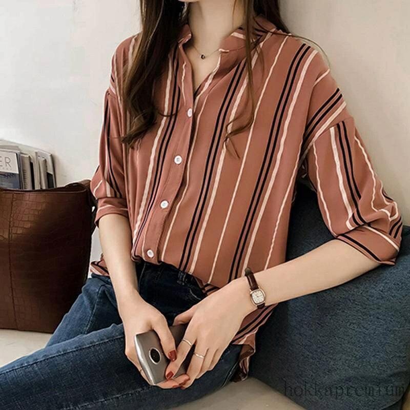 乐天商城 - ストライプ柄 可愛い ブラウス ロングシャツ フェミニン トップス 長袖 レディース カジュアル