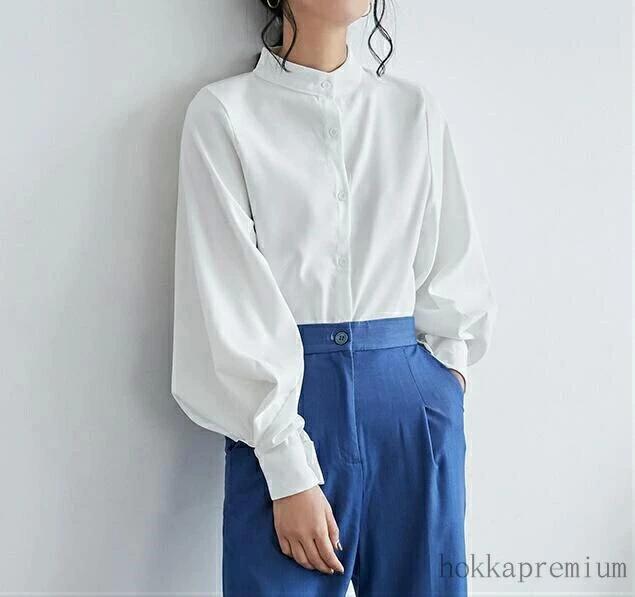 春秋 ボリューム袖 レトロ レディース バンドカラー 無地 トップス 長袖 シャツ パフスリーブ