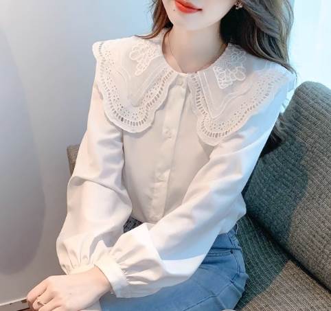 2XL 長袖 デイリー 食事会 薄手 秋 LL 前開き ボタン トップス 合わせやすい 白 大きいサイズ 3L ビッグカラー サイズ豊富 ラウンドネック 着回し L XL 送料無料 春 ホワイト レース M レディース オフィス 無地 S 普通丈トップス 裾イン