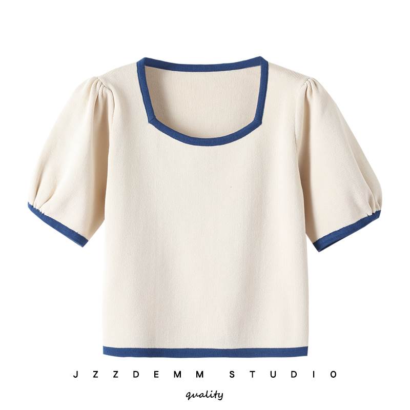 レディース 夏 春 個性的 カラバリあり パープル ショート丈 スリム 半袖 トップス ブラック 五分袖 鎖骨きれい 伸縮性 無地 ブラウス フリーサイズ タイト ホワイト 薄手 細身 パフスリーブ 裾イン 学校 カットソー ストレート