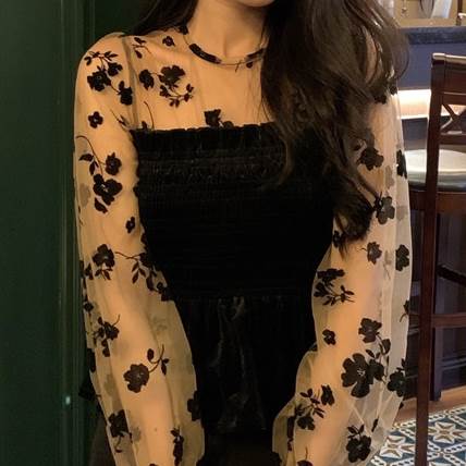 秋 細身 シースルー レディース シアー 丸首 腕出し レイヤード スリム 立体 ストレート 透け感 切り替えデザイン クルーネック 刺繍 すっきり 長袖 トップス ドッキング シャツ 個性的 ショート丈 春 裾イン ウエスト