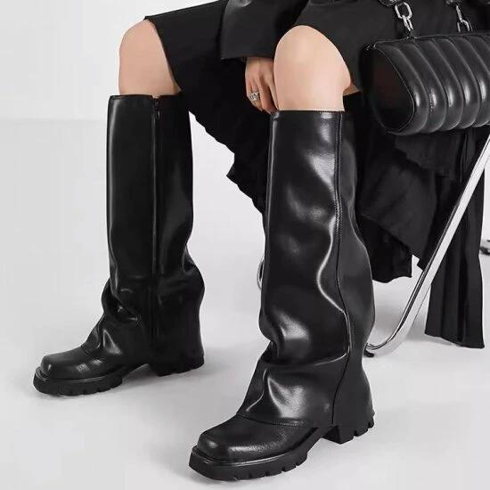 個性的 カジュアル ミドルヒール レッグウォーマー 体型カバー フェイクレザー レディース ボリューム おしゃれ サイドファスナー 5cmヒール ラウンドトゥ ユニーク ストリート