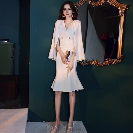 フォーマル エレガント お呼ばれ きれいめ レディース ケープスリーブ 演奏会ドレス マーメイドライン 黒 結婚式ドレス 白 スタイリッシュ Vネック ワンピース 女性 ファッション