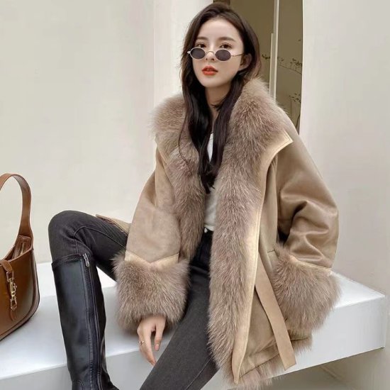 ふわふわ ファッション ポケット 羽織 冬 暖かい 上着 スエード 長袖 フェイクファー お出かけ ゆった..