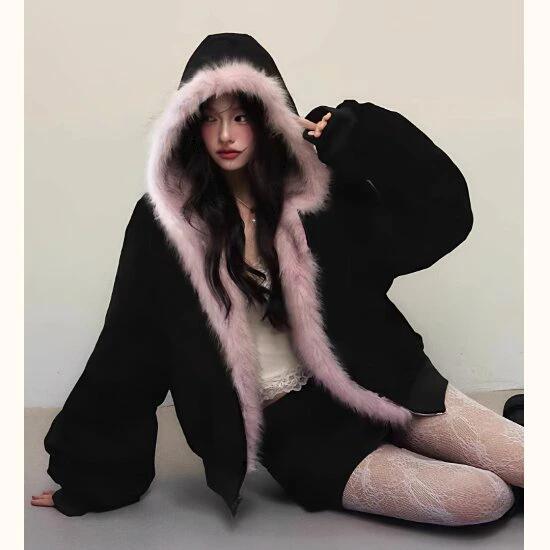 乐天商城 - 20代 ファージャケット お洒落 トレンドスタイル オーバーサイズ 韓国風 30代 大人可愛い レディースファッション バイカラー フロントジッパー アウター ジップジャケット