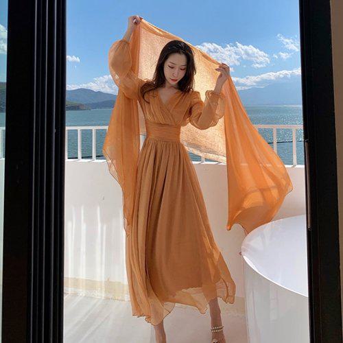 リゾート ワンピース XL ハイウエスト 大きいサイズ カシュクール エレガント Vネック お呼ばれ 二次会 マキシ丈 ドレス シフォン オレ..