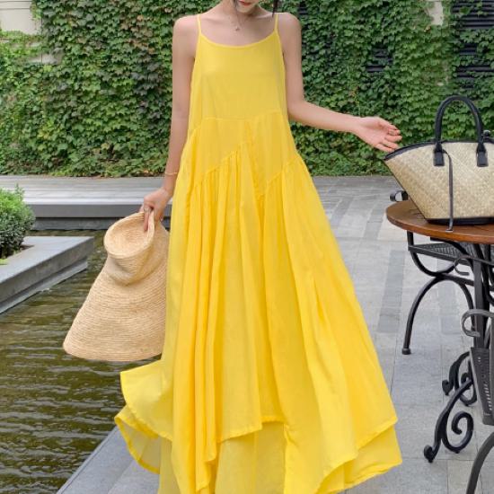 買い物 海 韓国 フレア 女子会 レモンイエロー おしゃれ きれいめ シンプル デイリー 30代 レディース 夏 無地 ビーチ 20代 キャミソールワンピース 40代 旅行 リゾート デート お呼ばれ マキシ丈 大人女子 シフォンワンピース お出かけ ロング ゆったり
