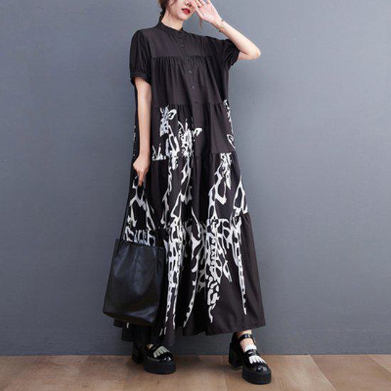 キリン ゆったり 半袖 プリント レディース おしゃれ ロング シャーリング 春 大きいサイズ 個性的 前開き かわいい 体型カバー 薄手 大人 モード ギャザー 黒 キリン柄 ティアード ロング丈 韓国 カジュアル きれいめ ブラック 夏 マキシ丈