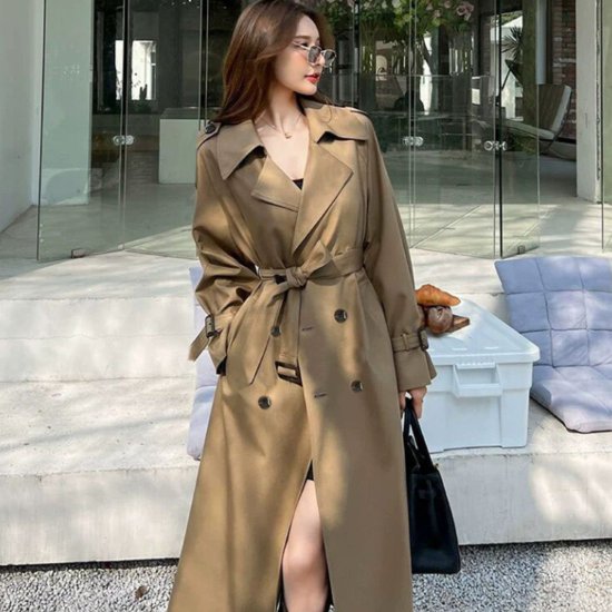 スーツ襟 ロング丈 ウエストベルト おしゃれ お出かけ 襟あり ダブルブレスト カジュアル スタイリッシュ フロントボタン 上着 羽織 アウター レディース きれいめ 長袖 女性