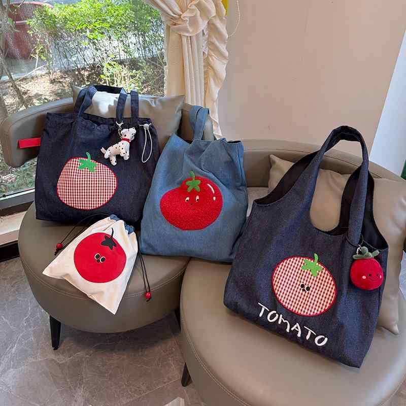 刺? トマト デニム トートバッグ カジュアル 鞄 シンプル 大容量 肩掛け レディース