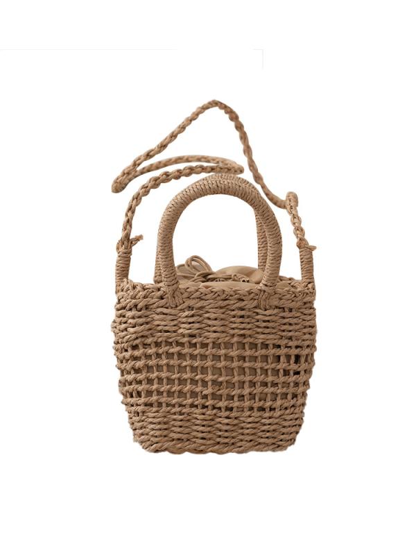海 草編み ベージュ 中サイズ 手提げ 鞄 レディース 編み込み コーヒー色 籠バッグ 普段使い リゾート かごバッグ