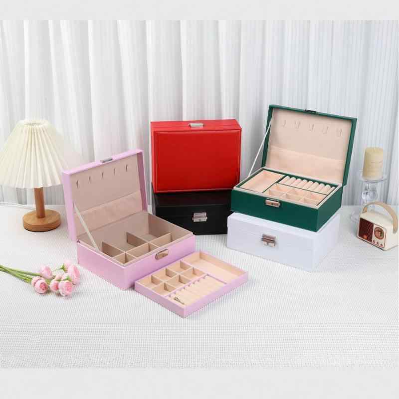 指輪 イヤリング 高級感 シンプル ネックレス レディース 鍵付き ジュエリーボックス アクセサリー収納 レザー製 バングル ブレスレット 上質 モダン 2段 ピアス