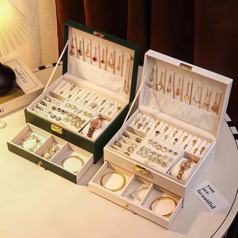 ピアス イヤリング 鍵付き 指輪 アクセサリー 高級感 ブレスレット おしゃれ バングル 収納ケース PUレザー 引き出し式 大容量 ジュエリーボックス 二重構造 ネックレス