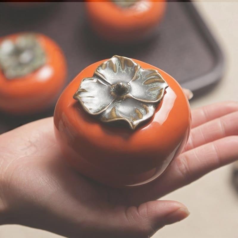 陶磁器製 中国茶缶風 和風 柿型 小物入れ