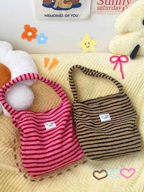 Rakuten - ふわふわ 切り替え かわいい 秋冬 トートバッグ バッグ ストライプ柄 通学 大容量 レディース 鞄 普段使い 通勤