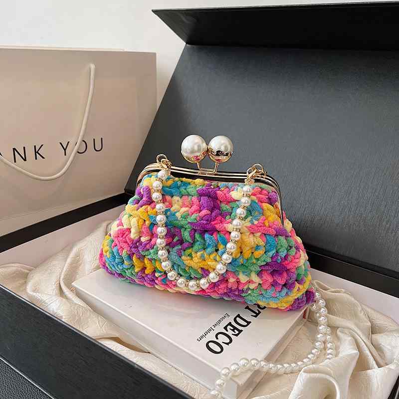 デート パール ガーリー ニット 鞄 ハンドバッグ 編み込み フェミニン ショルダー おしゃれ チェーン かわいい レディース 秋冬