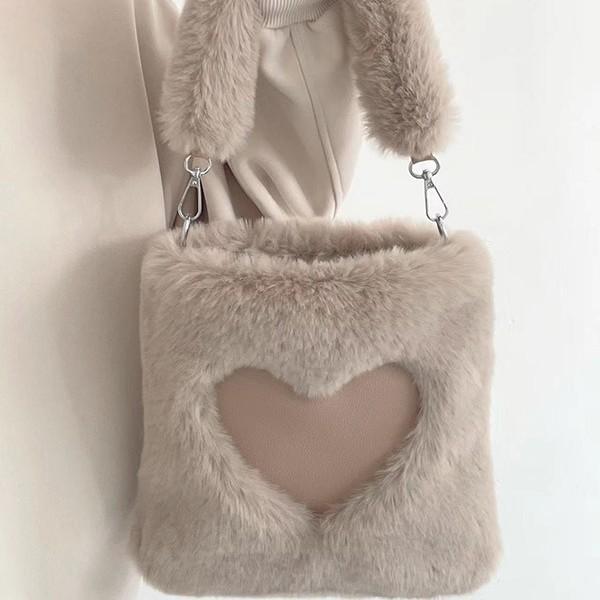 レディース ファー ハートモチーフ 肩掛け かわいい バッグ マカロンカラー ポリエステル デイリーユース 大容量 手提げ