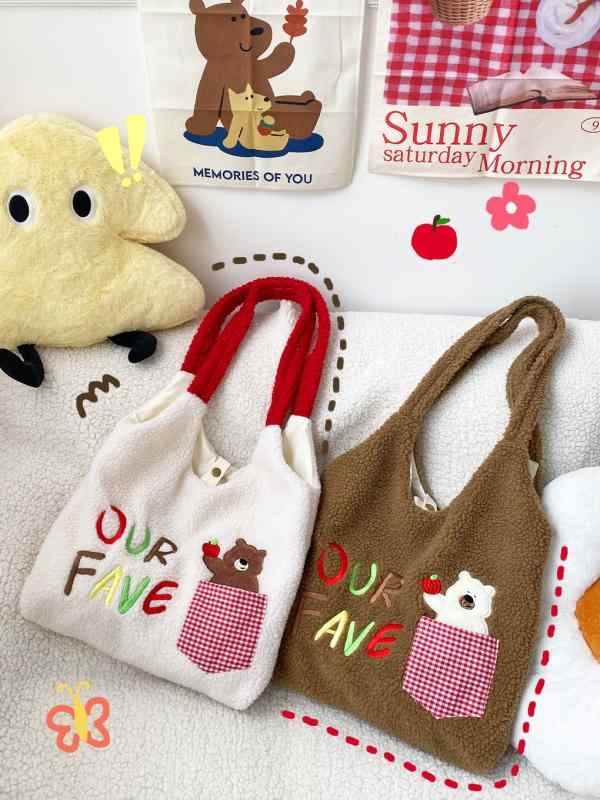 ポケット付き 秋冬 トートバッグ レディース くま かわいい デイリー 大容量 刺繍入り 羊羔毛風 お出かけ ベストバッグ風