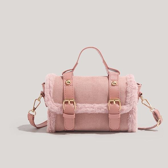 かわいい ファー ブラウン ハンドバッグ レディース 小さめ ピンク デイリー ショルダー ふわふわ バッグ