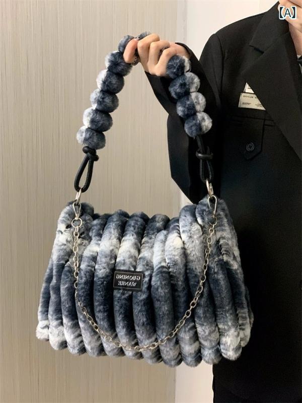 バッグ レディース 秋冬 絞り染め フェイクファー 大容量 ハンドバッグ 手提げ 肩掛け 鞄 ダークグレー レトロ