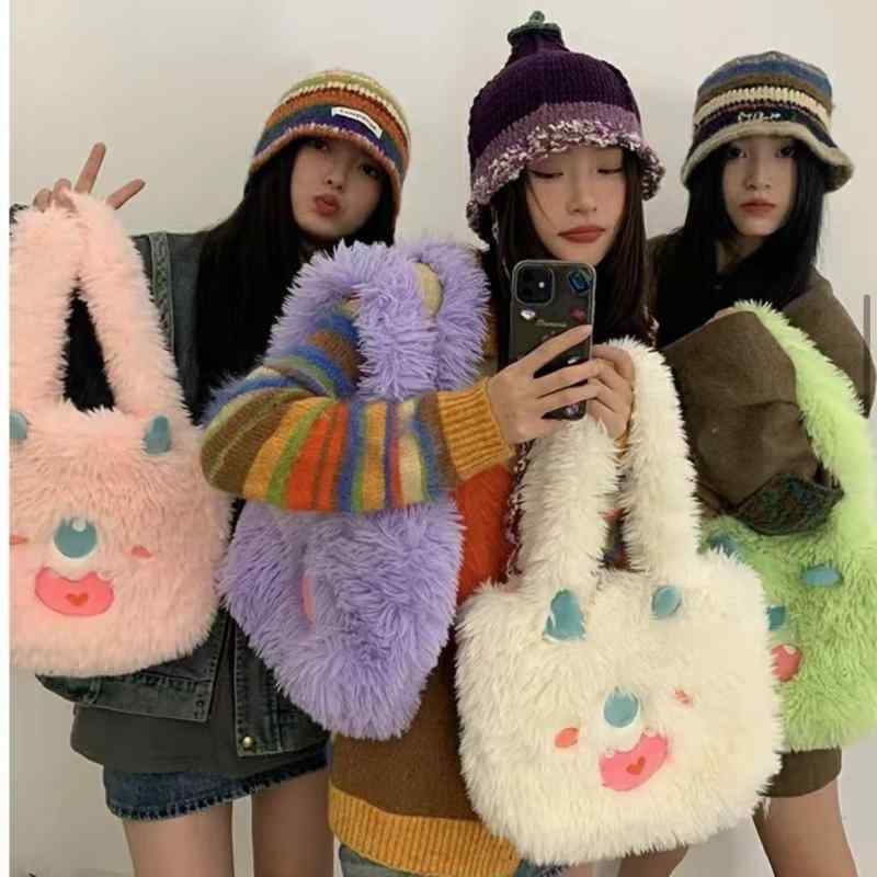 トートバッグ レディース かわいい モンスター キャラクター ふわふわ 大容量 学生 ショルダーバッグ ハンドバッグ 秋冬