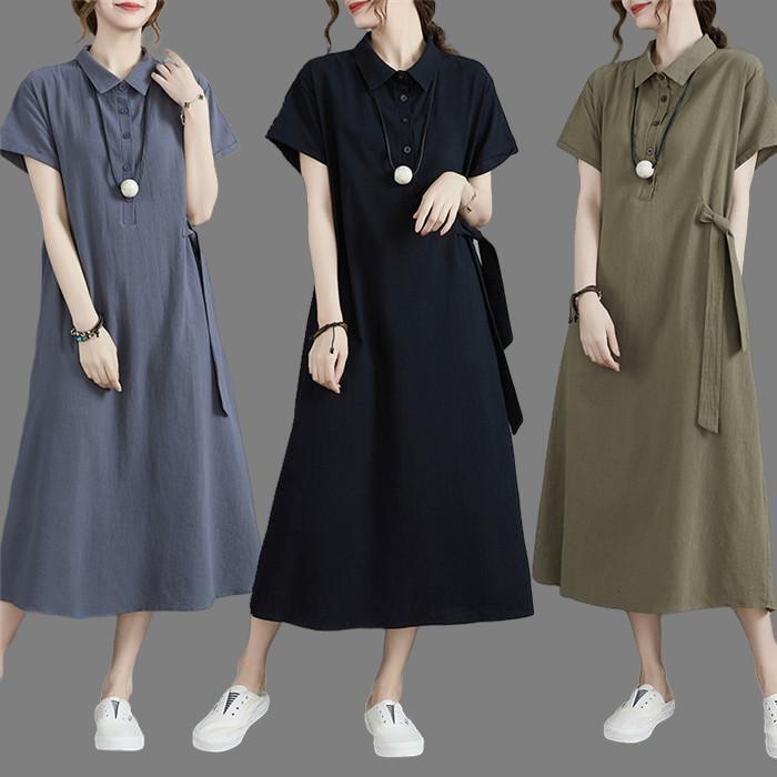 Dresses - ロングワンピース 大きいサイズ 全3色 綿麻 折り襟 通勤 ワンピース 夏 レディース 韓国風 ゆったり カジュアル 半袖 無地