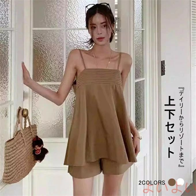 樂天商城 - レトロ キャミソール+ショートパンツ 上下セット 体型カバー ウエストゴム ポケット付き ハイウエスト 短パン ゆったり 着?せ レ