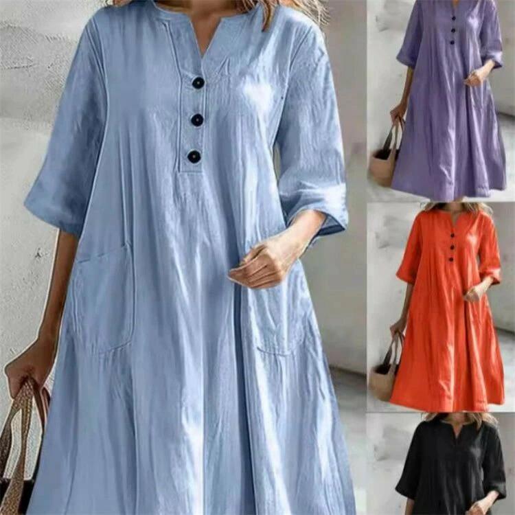 五分袖 ワンピース シャツブラウス 半袖 ミモレ丈 ワンピ マキシ丈 レディース 体型カバー ボタン 着痩せ カジュアル 綿麻 夏 Vネック 無地 マキシワンピース 春 ポケット付き シンプル Aライン シャツワンピース キレイめ ゆったり