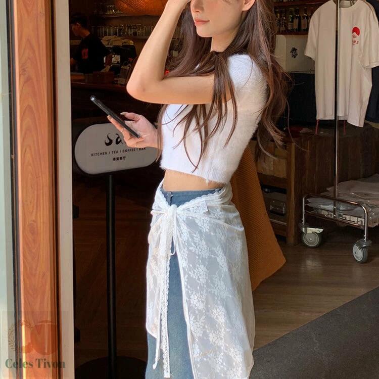 重ね着風 きれいめ つけ裾 ゆったり 重ね着 ウエストリボン チュール 巻きスカート スカート シースルー 体型カバー 刺繍 フェイクレイヤード レース ラップスカート 春 花柄 シアーレース レイヤード y2k インナー 冬