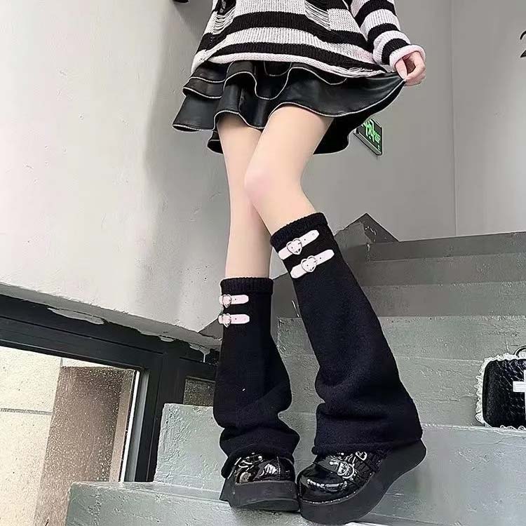 Y2K 可愛い ニット 地雷系 原宿 厚手 靴下 ルーズソックス 制服 サブカル ファー レッグウォーマー かわいい 冷え対策 レディース JK ベルト付き ギャル 足首ウォーマー 暖かい 渋谷 ルーズソックス 学生 ゴシック系 防寒