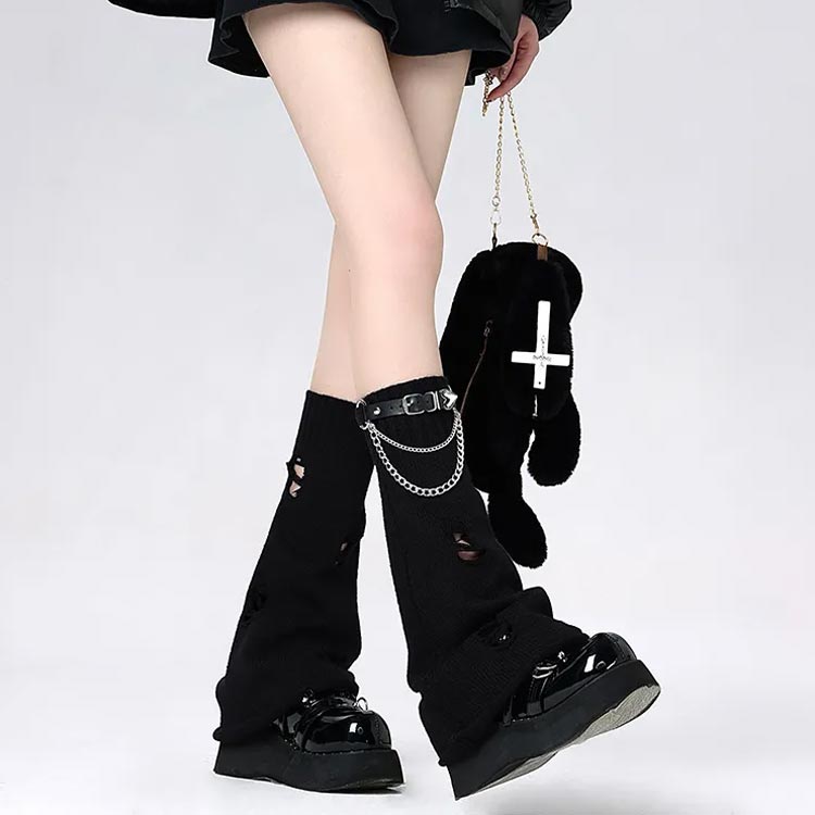 レディース レッグウォーマー JK 女子 防寒 ギャル 暖かい チェーン ルーズソックス ゴスロリ サブカル系 レッグカバー 地雷系 冷え対策 破れ穴 靴下 サブカル系 Y2K ベルト付き 病み可愛い 学生 ゴシック 地雷系 原宿パンク