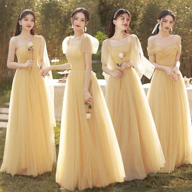 Rakuten - 演奏会 ロング丈 ミセス 20代 ミモレ丈 大きいサイズ 結婚式 上品 ステージドレス イエロー イブニングドレス 発表会 ロングドレス 二次会 花嫁 ロングドレス ブライズメイド Aライン 選べる着丈 お呼ばれ 全4タイプ ワンピース
