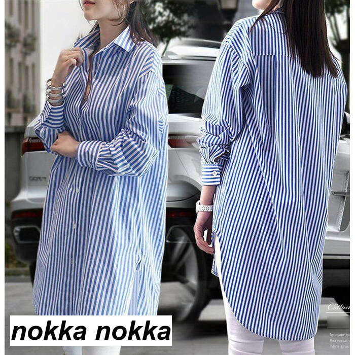 ミディアム丈トップス 紫外線カット レディース 大きいサイズ ブラウス 長袖 UVカットカーディガン ロングガウン 体型カバー 春夏 ボーダー柄シャツ