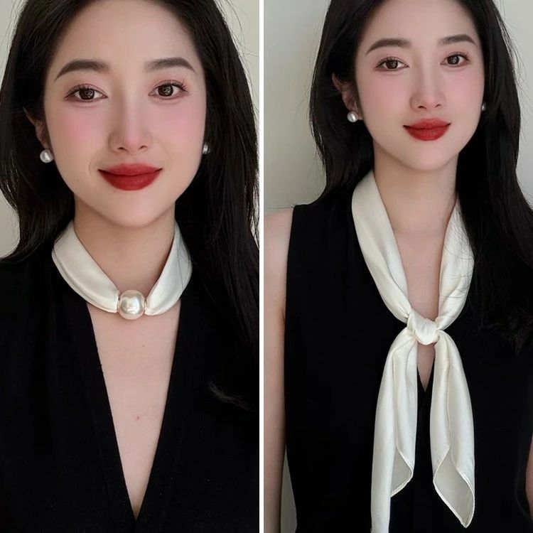 母の日 おしゃれ 上品 首元 シルク風スカーフ レディース 小物 バッグチャーム アクセサリー ワンタッチ ヘアバンド チョーカー パール マグネット式 プレゼント マグネット式スカーフ ギフト