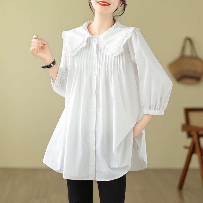 かわいい フレア 前開き 着痩せ レディース ゆったり ブラウス ビッグカラー 七分袖 チェック柄 トップス フリル Aライン 体型カバー シャツ チュニック 春夏秋