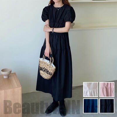 黒 白 ワンピ 夏 おしゃれ ロングワンピ ブラック ホワイト 秋 レディース ワンピース シンプル パフスリーブ カジュアル ドレス ミモレ丈 可愛い ブルー 30代 きれいめ 20代 ピンク 袖あり 春 半袖