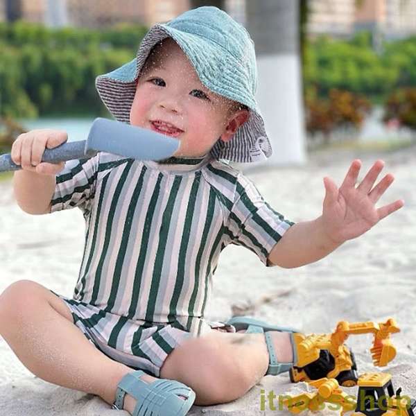 男の子 ジュニア キャップ付き オールインワン みずぎ キッズ 80~140cm スクール水着 男女兼用 ボイズ ストライプ 女の子 ラッシュガード タンキニ boy ロンパース 子ども用 stripe