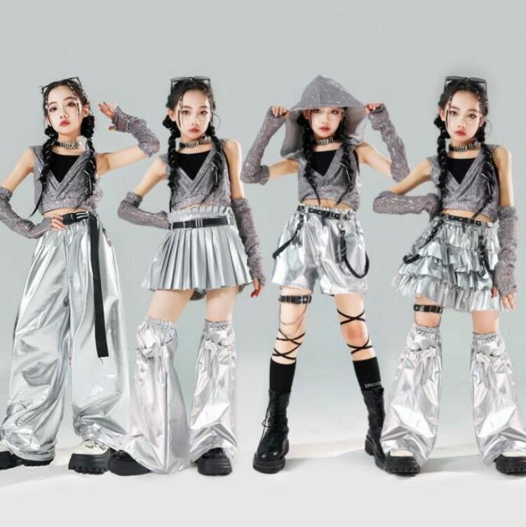 子供 かっこいい ヒップホップ ダンス衣装 KPOP jazz 衣装 プリーツスカート スパンコール 半ズボンカーゴパンツ 光沢有り ダンス パーカー ジャズダンス