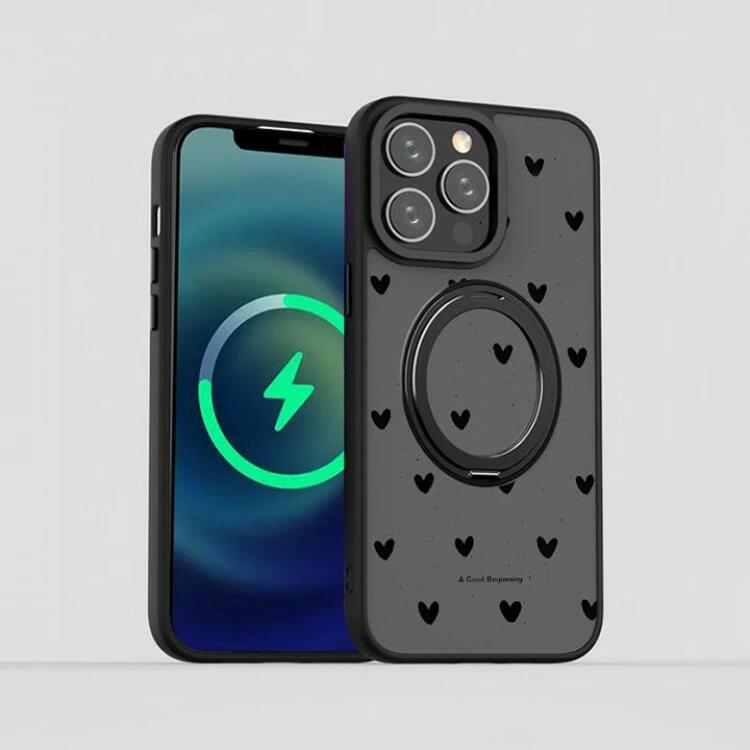 折り畳み式 ぷっくり スマフォスタンド 開閉式 マグセーフ ハート カジュアル スタンド ブラック 透明 スマフォケース magsafe おしゃれ iPhone16 カメラレ ドット