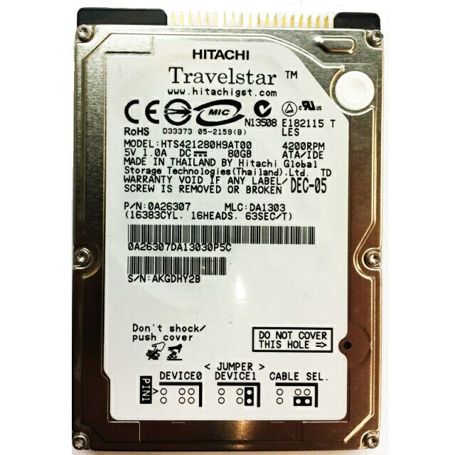 日立 2.5インチ / Ultra ATA100 / 4200rpm / 9.5mm厚 HTS421280H9AT00 80GB IDE 内臓ハードディスク 増設HDD 送料無料【中古】