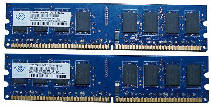 【中古】Nanya PC2-6400U (DDR2-800) 2GB x 2枚組み 合計4GB 240pin DIMM 4G Kit デスクトップパソコン用メモリ 【送料無料】増設メモリ